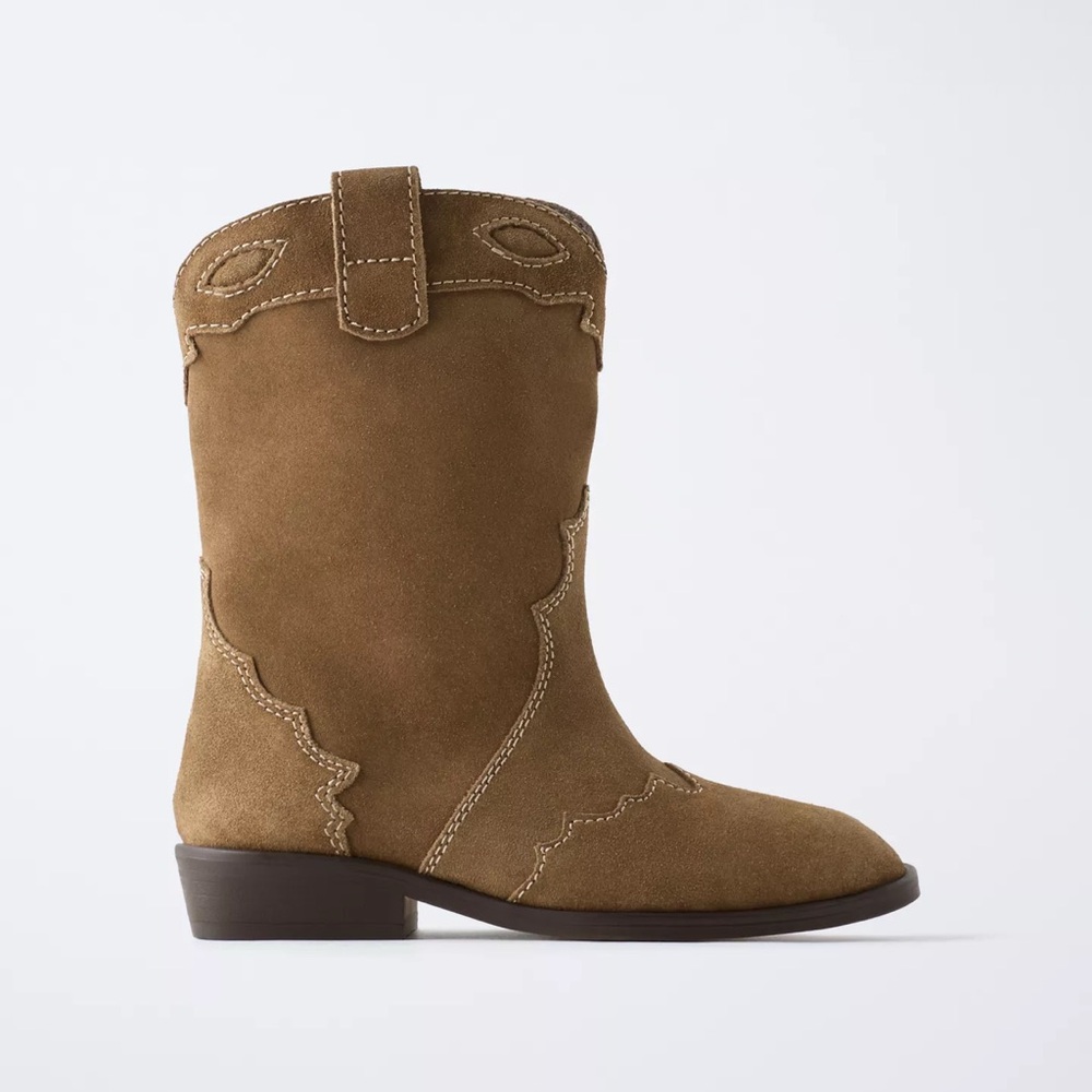 Zara Tan Suede Western Ankle Boots